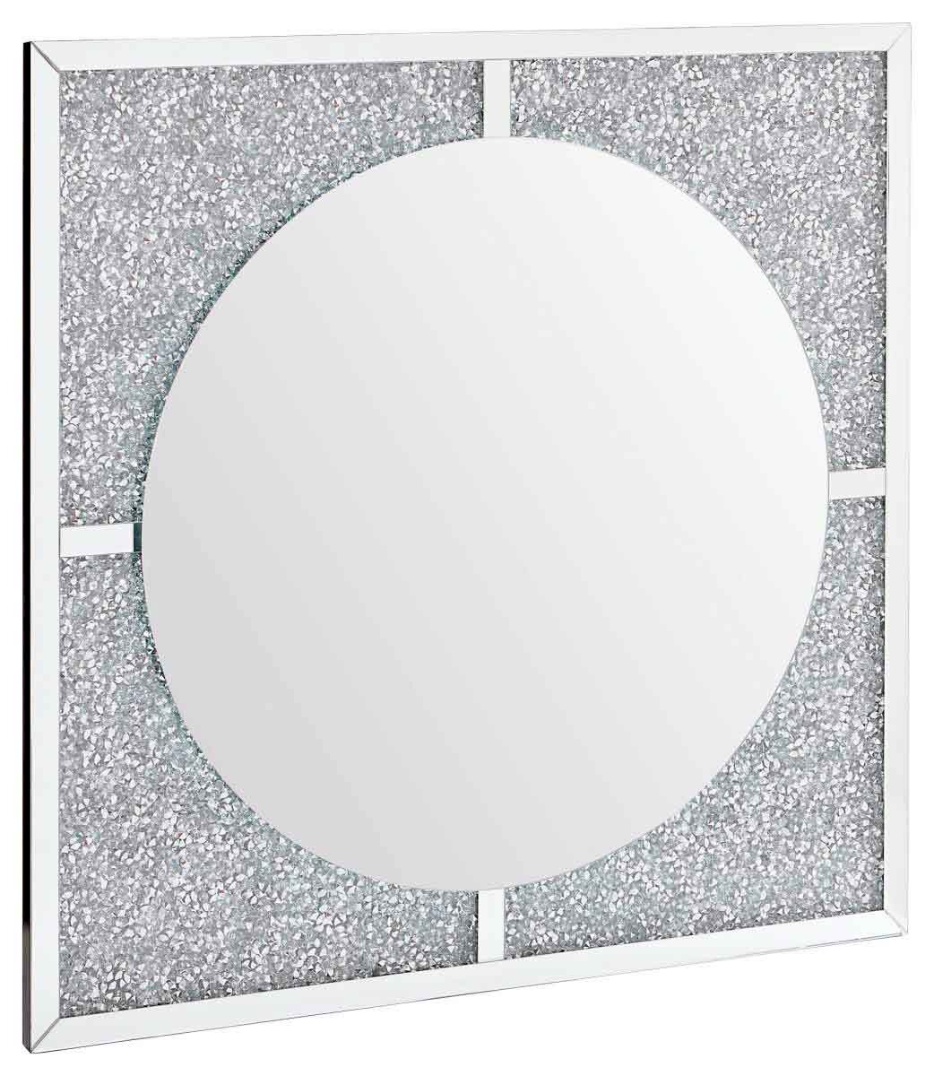 XORA LED-Spiegel ca. 100x100 cm SCARLETT Quadratischer LED-Spiegel mit rundem Spiegel in der Mitte und glitzerndem Rahmen, seitliche Perspektive