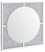 Quadratischer LED-Spiegel mit rundem Spiegel in der Mitte und glitzerndem Rahmen, seitliche Perspektive