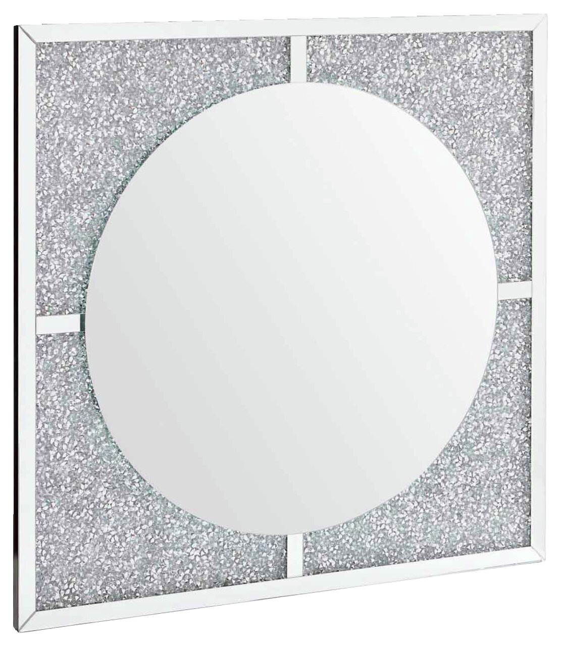 Quadratischer LED-Spiegel mit rundem Spiegel in der Mitte und glitzerndem Rahmen, seitliche Perspektive