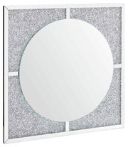 Quadratischer LED-Spiegel mit rundem Spiegel in der Mitte und glitzerndem Rahmen, seitliche Perspektive