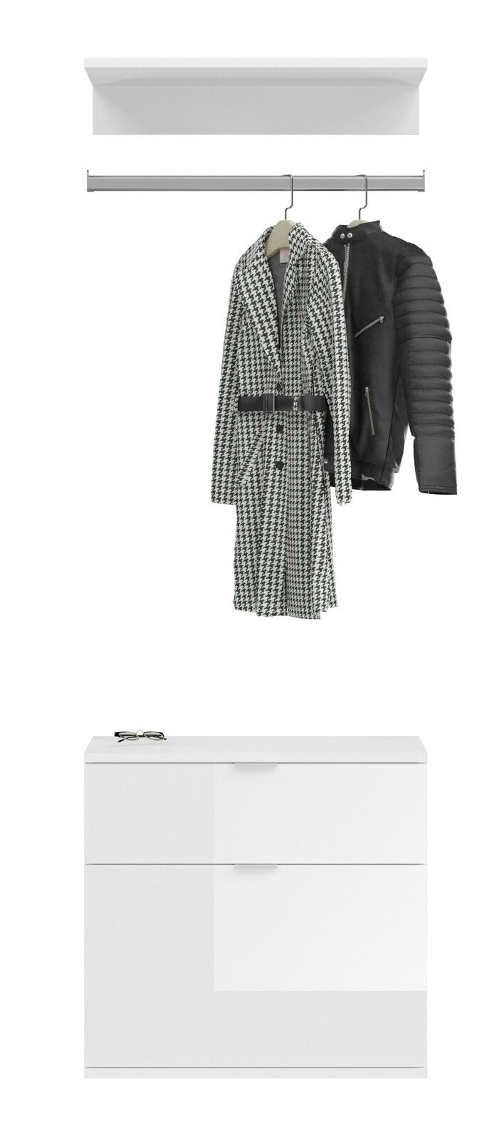Weiße Garderobenkombination mit Hängestange und Ablage, frontal betrachtet, mit zwei aufgehängten Mänteln und einer Brille auf der Ablage.