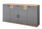 Modernes Sideboard in Grau mit Holzdetails, frontal fotografiert