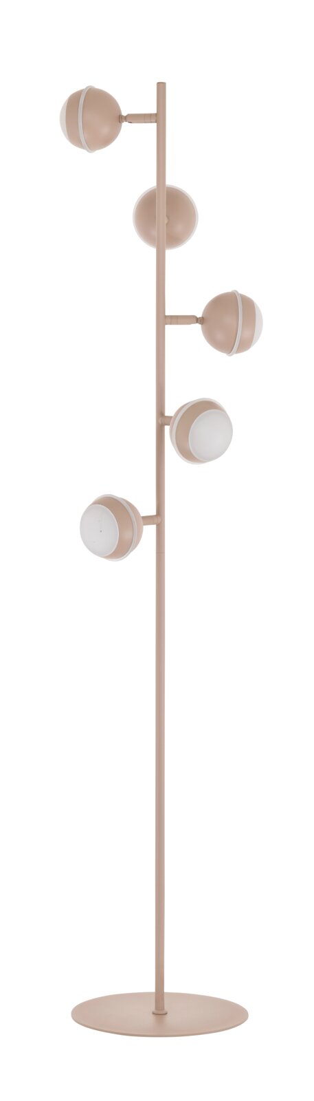 Vooraanzicht van een moderne beige vloerlamp met slanke staander, ronde voet en vijf verstelbare bolvormige spots.