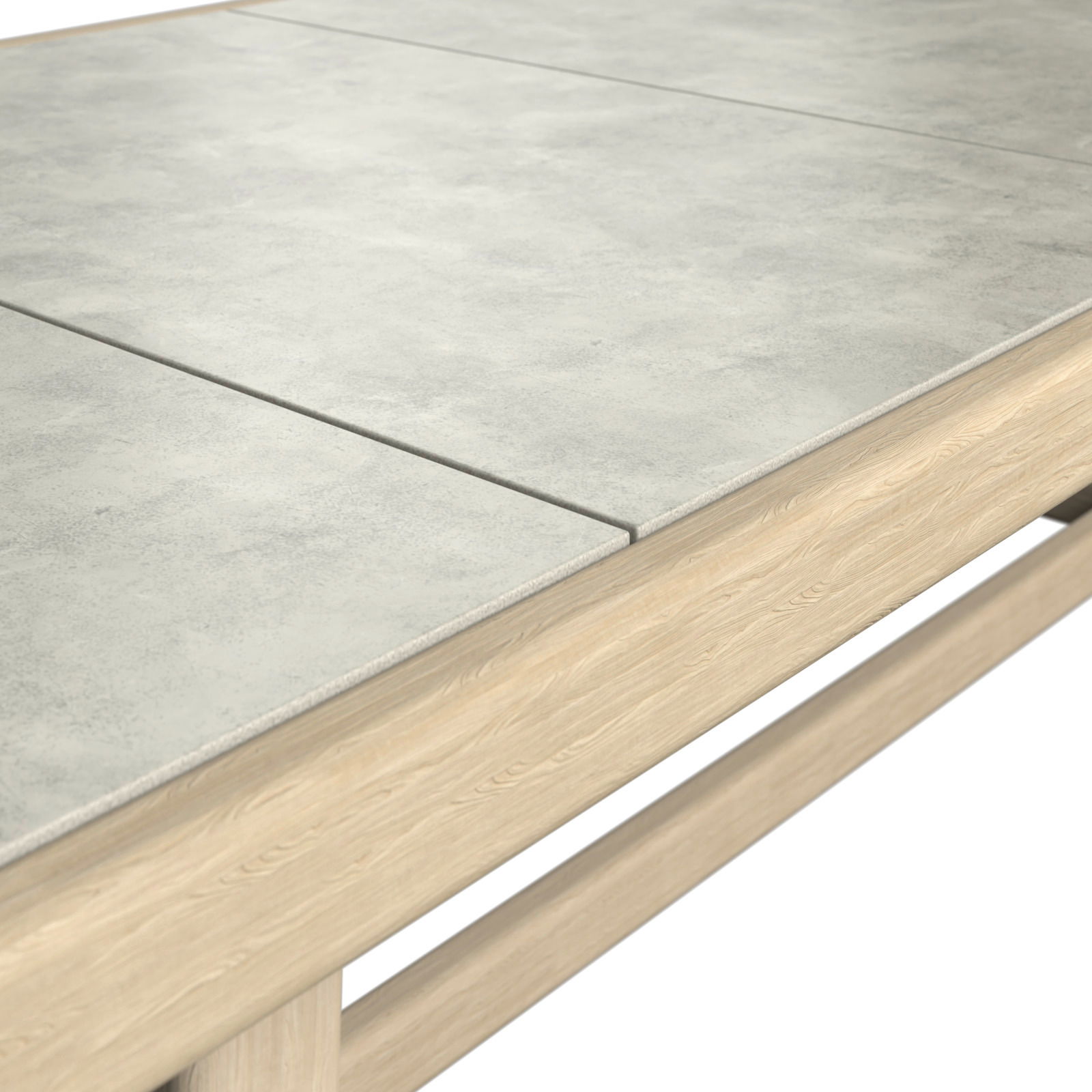 Nahaufnahme eines Garten-Esstisches mit heller Holzstruktur und grauer Steinplatte, Perspektive von oben.