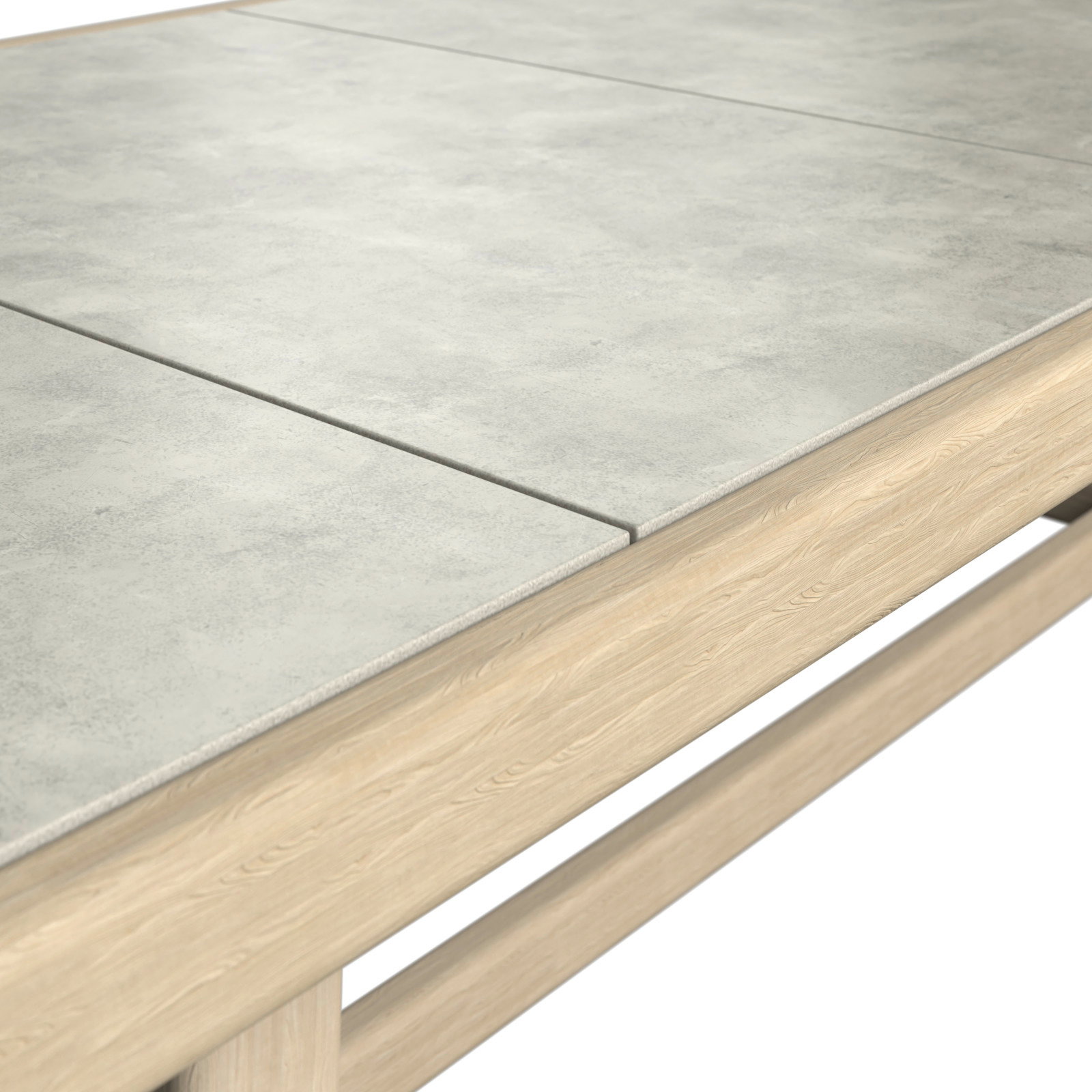 Nahaufnahme eines Garten-Esstisches mit heller Holzstruktur und grauer Steinplatte, Perspektive von oben.