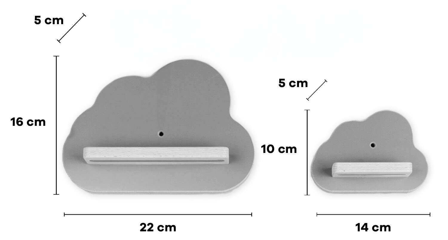 Graues Wandregal in Wolkenform mit weißer Ablageleiste, Maßangaben 22×16×5 cm und 14×10×5 cm, frontal von vorne auf weißem Hintergrund gezeigt.
