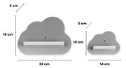 Graues Wandregal in Wolkenform mit weißer Ablageleiste, Maßangaben 22×16×5 cm und 14×10×5 cm, frontal von vorne auf weißem Hintergrund gezeigt.
