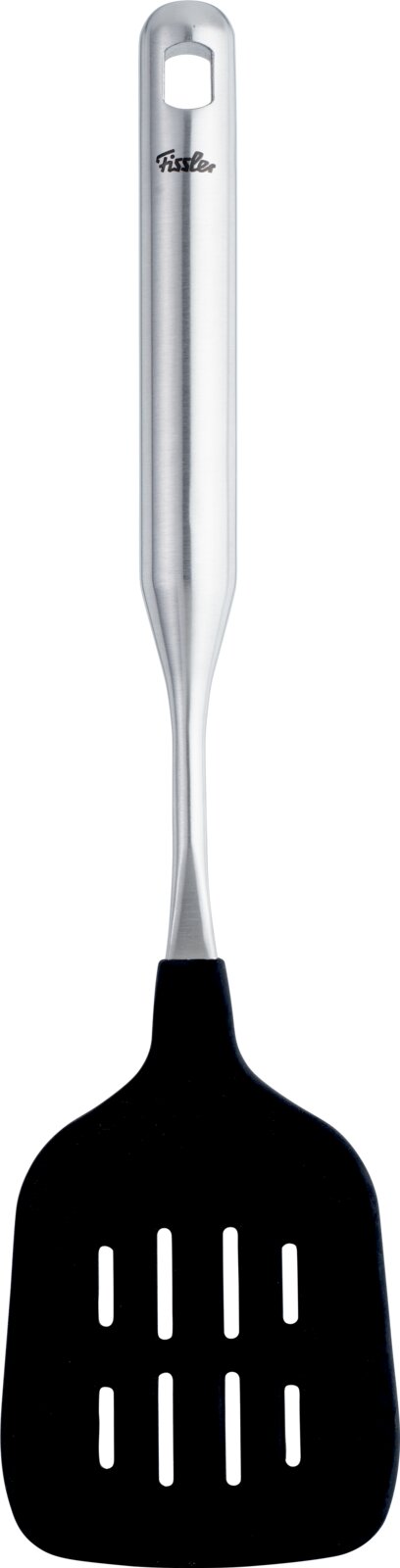 Fissler Wender ESSENTIAL Wender mit Silikon, Vorderansicht, Edelstahlgriff und schwarze Silikonfläche mit Schlitzen