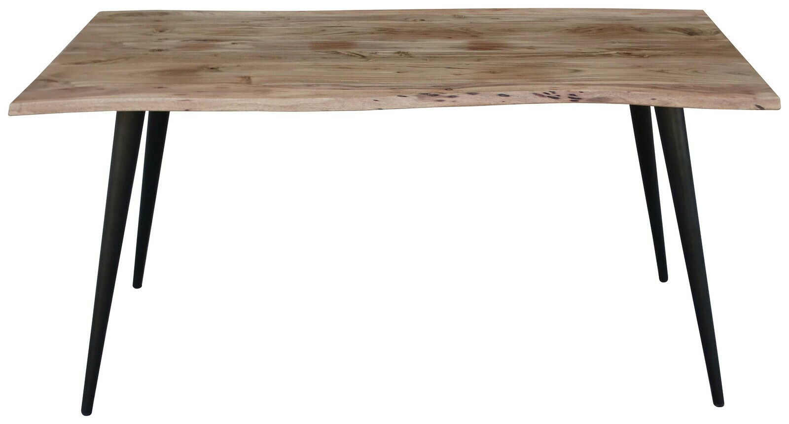 Moderner Esstisch mit natürlicher Holzplatte und schwarzen Metallbeinen, frontal betrachtet.