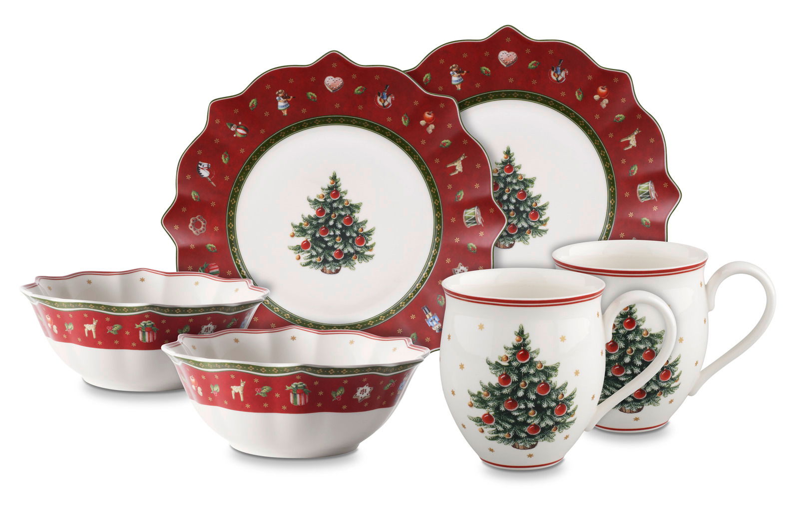 Frontalansicht eines sechsteiligen Frühstückssets in Rot mit weihnachtlichem Design, bestehend aus zwei Tellern, zwei Schalen und zwei Tassen, verziert mit Weihnachtsbaum-Motiven.