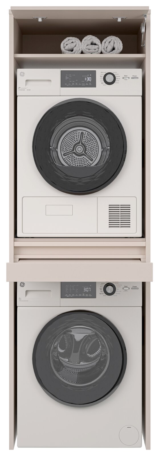 Vooraanzicht van een in een kast gestapelde witte was-droogcombinatie: boven de droger met bedieningspaneel en ronde deur, daaronder de wasmachine, daarboven een plank met drie opgerolde handdoeken.