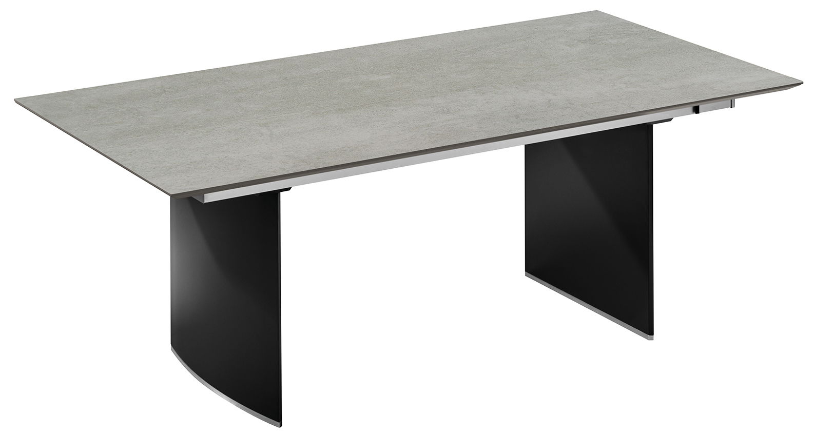 Moderner Esstisch mit grauer Tischplatte und schwarzen, gebogenen Beinen, seitliche Perspektive
