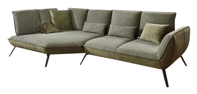 Moderne Longchairkombination in Grau und Olivgrün mit schlanken schwarzen Beinen, seitliche Perspektive