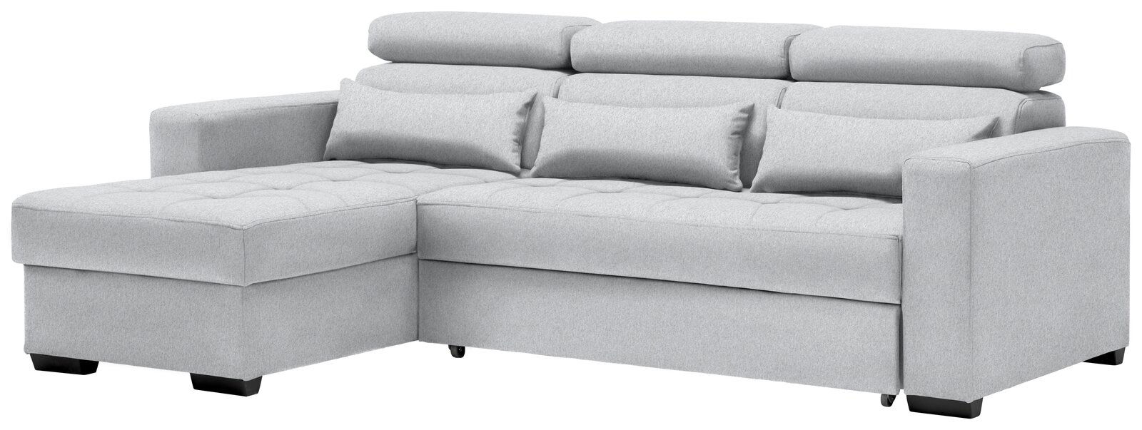 Graues Ecksofa mit Ottomane links, drei Rückenkissen und zwei Zierkissen, seitliche Perspektive.