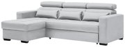 Graues Ecksofa mit Ottomane links, drei Rückenkissen und zwei Zierkissen, seitliche Perspektive.