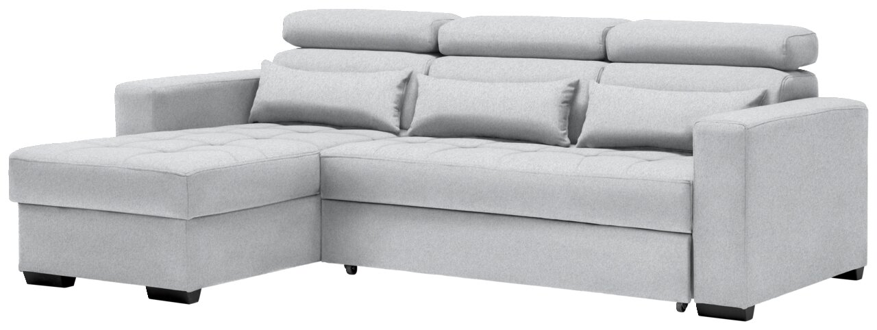 Graues Ecksofa mit Ottomane links, drei Rückenkissen und zwei Zierkissen, seitliche Perspektive.