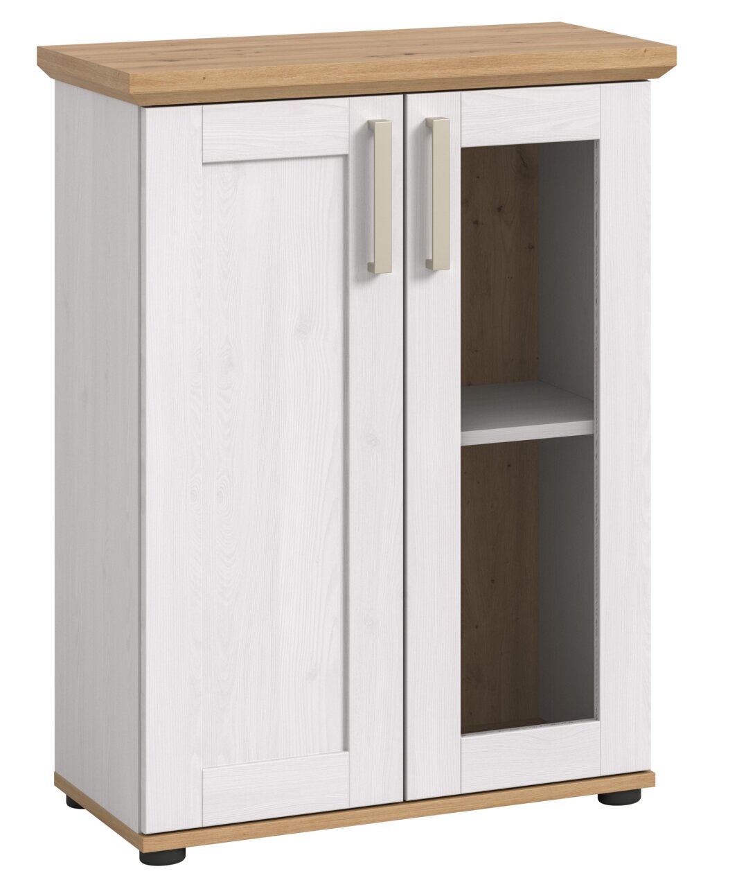 MID.YOU Vitrine VERONA Vitrine mit zwei Türen, eine mit Glaseinsatz, in Holzoptik von schräg vorne