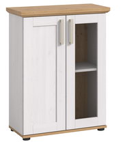 Vitrine mit zwei Türen, eine mit Glaseinsatz, in Holzoptik von schräg vorne