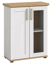 Vitrine mit zwei Türen, eine mit Glaseinsatz, in Holzoptik von schräg vorne