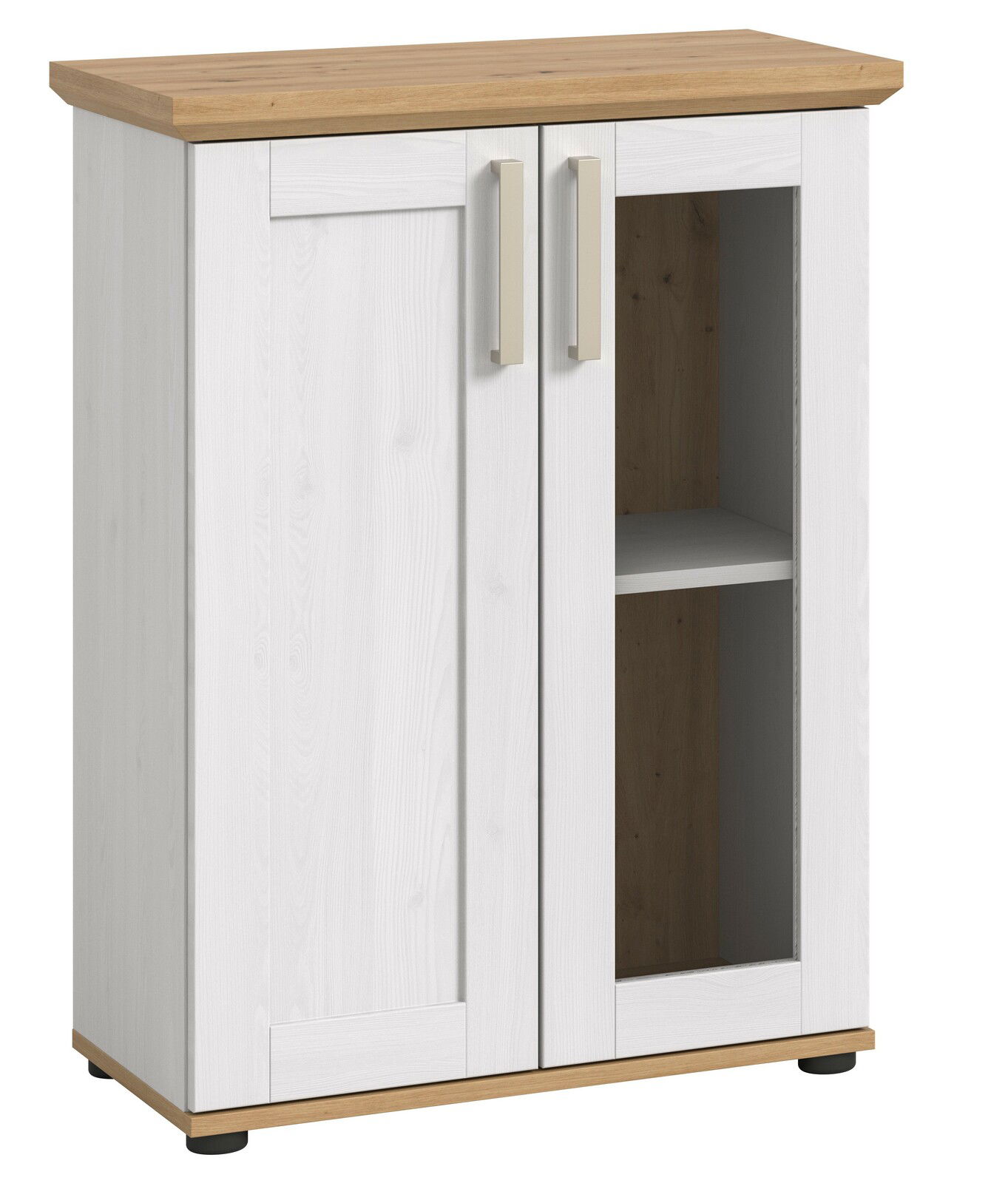 Vitrine mit zwei Türen, eine mit Glaseinsatz, in Holzoptik von schräg vorne