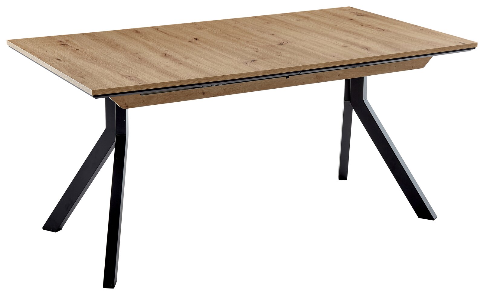 Moderner Vierfußtisch mit Holzplatte und schwarzen Metallbeinen, seitliche Perspektive