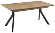 Moderner Vierfußtisch mit Holzplatte und schwarzen Metallbeinen, seitliche Perspektive