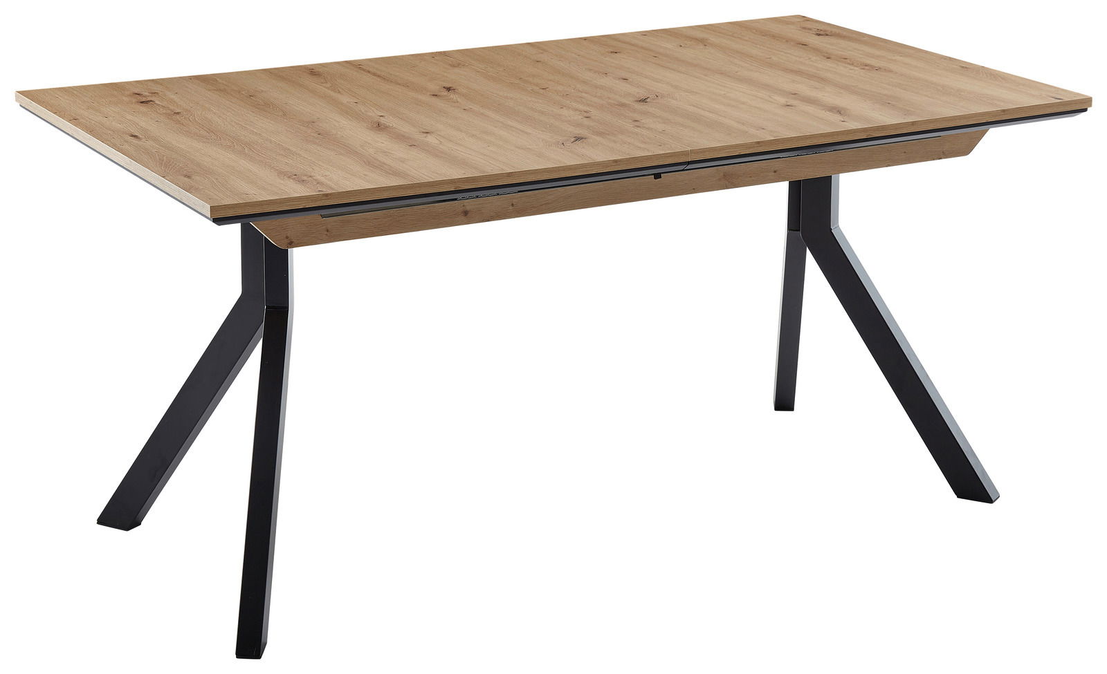 Moderner Vierfußtisch mit Holzplatte und schwarzen Metallbeinen, seitliche Perspektive