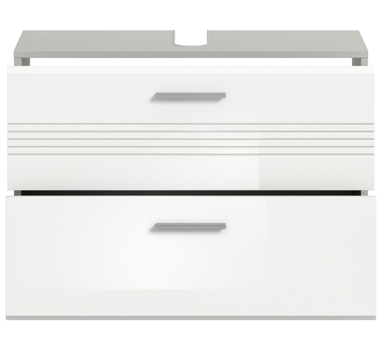 Frontansicht eines weißen Waschbeckenunterschranks mit zwei Schubladen und modernen Griffen.