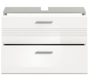 Frontansicht eines weißen Waschbeckenunterschranks mit zwei Schubladen und modernen Griffen.