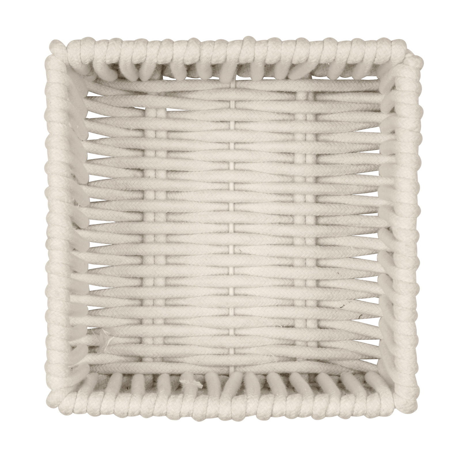 Vogelperspektive auf einen rechteckigen, naturfarbenen Badkorb mit geflochtenem Design.