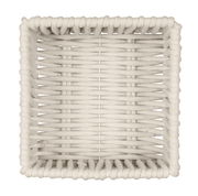 Vogelperspektive auf einen rechteckigen, naturfarbenen Badkorb mit geflochtenem Design.