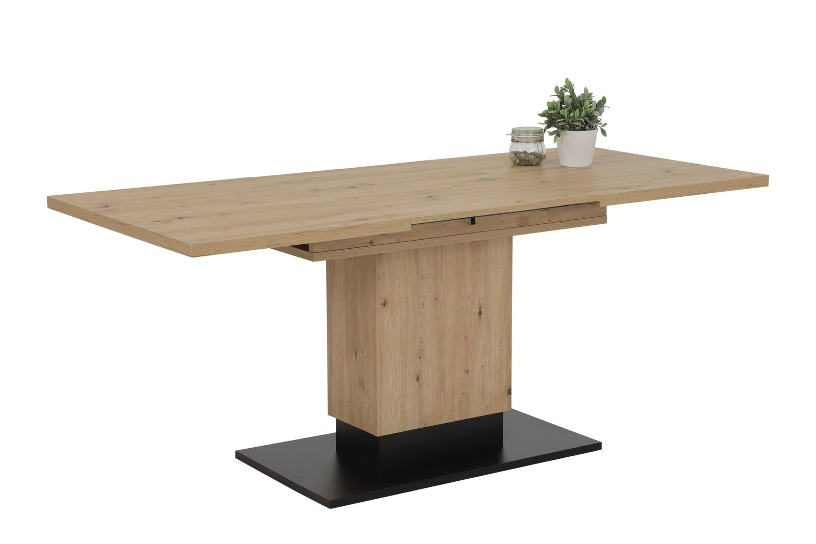 Moderner Esstisch aus Holz mit rechteckiger Tischplatte und stabilem Sockel, seitliche Perspektive