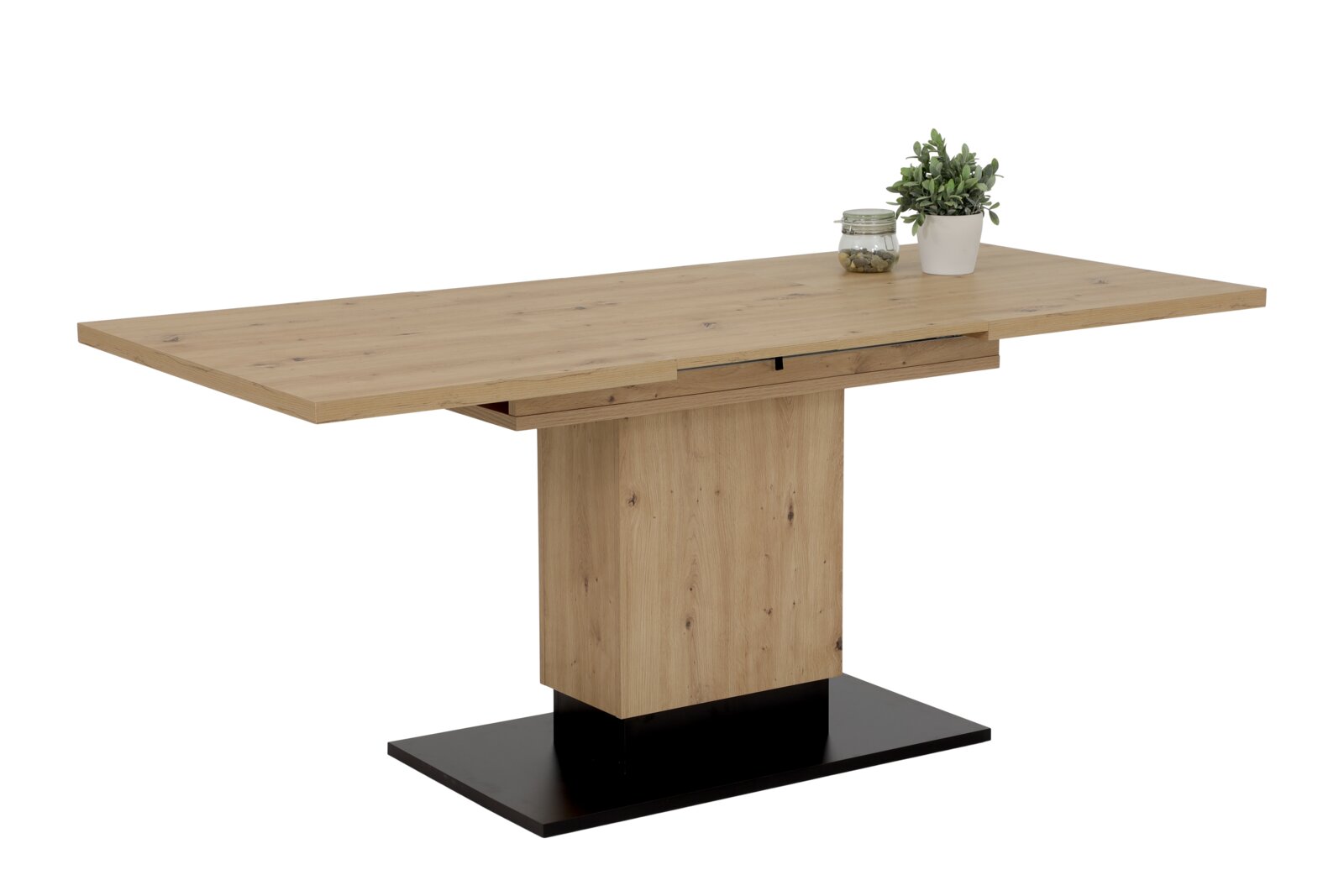 Moderne houten eettafel met rechthoekig tafelblad en stevig onderstel, zijaanzicht