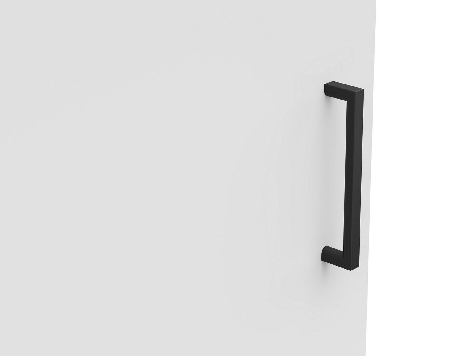 Nahaufnahme eines schwarzen Griffs an einer weißen Kommodentür, seitliche Perspektive