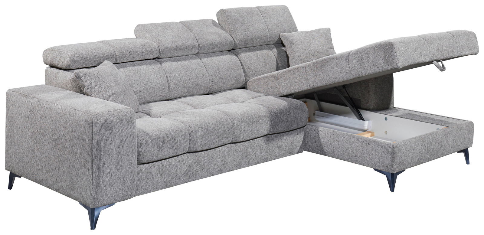 Graues Ecksofa mit verstellbaren Kopfstützen und Stauraum, Perspektive von vorne links