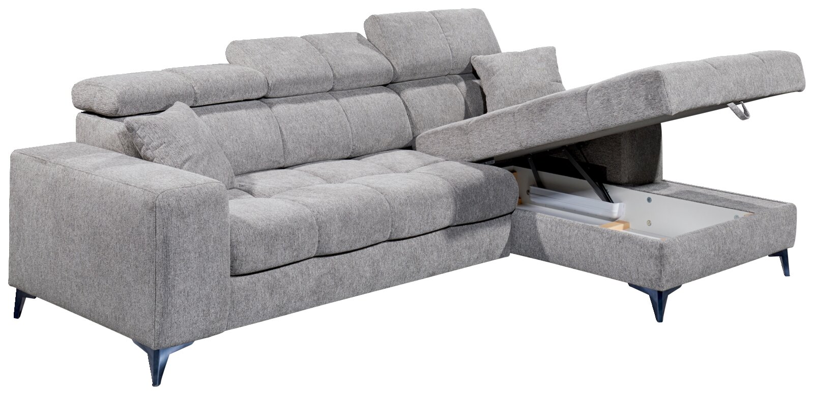 Graues Ecksofa mit verstellbaren Kopfstützen und Stauraum, Perspektive von vorne links