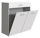 Weiße Wäschekommode mit drei Fächern, zwei davon geöffnet, seitliche Perspektive