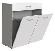 Weiße Wäschekommode mit drei Fächern, zwei davon geöffnet, seitliche Perspektive