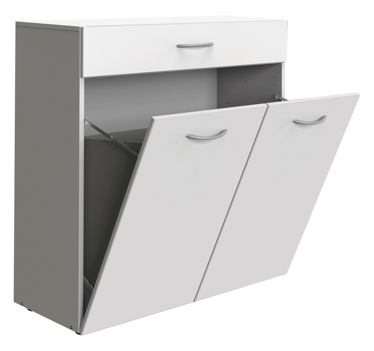 Weiße Wäschekommode mit drei Fächern, zwei davon geöffnet, seitliche Perspektive