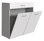 Weiße Wäschekommode mit drei Fächern, zwei davon geöffnet, seitliche Perspektive