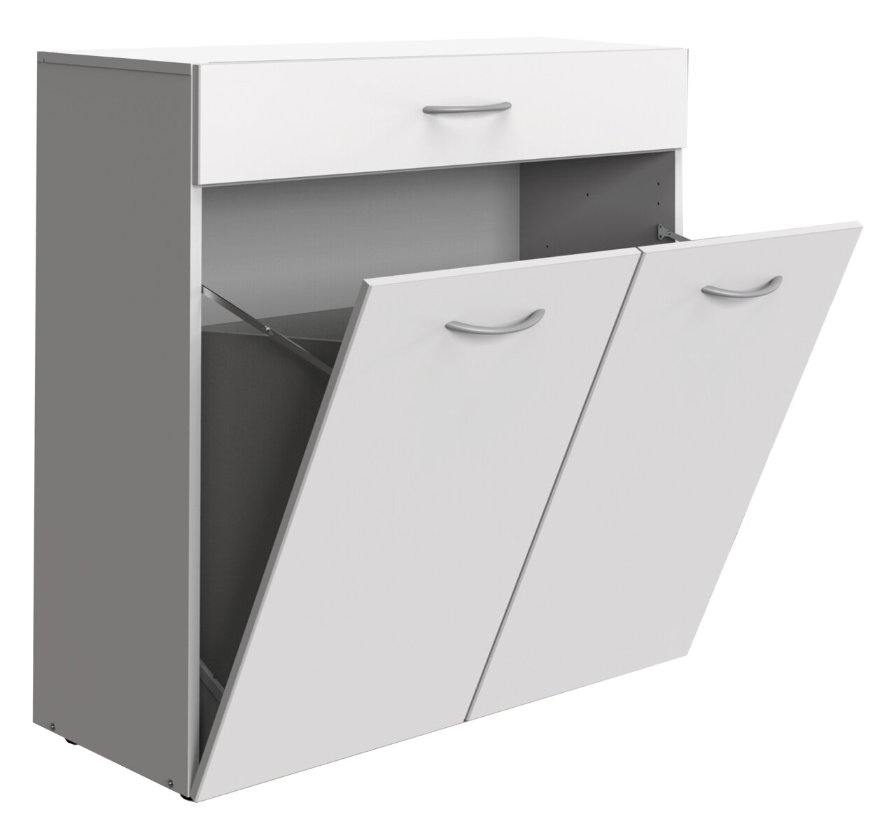 Weiße Wäschekommode mit drei Fächern, zwei davon geöffnet, seitliche Perspektive