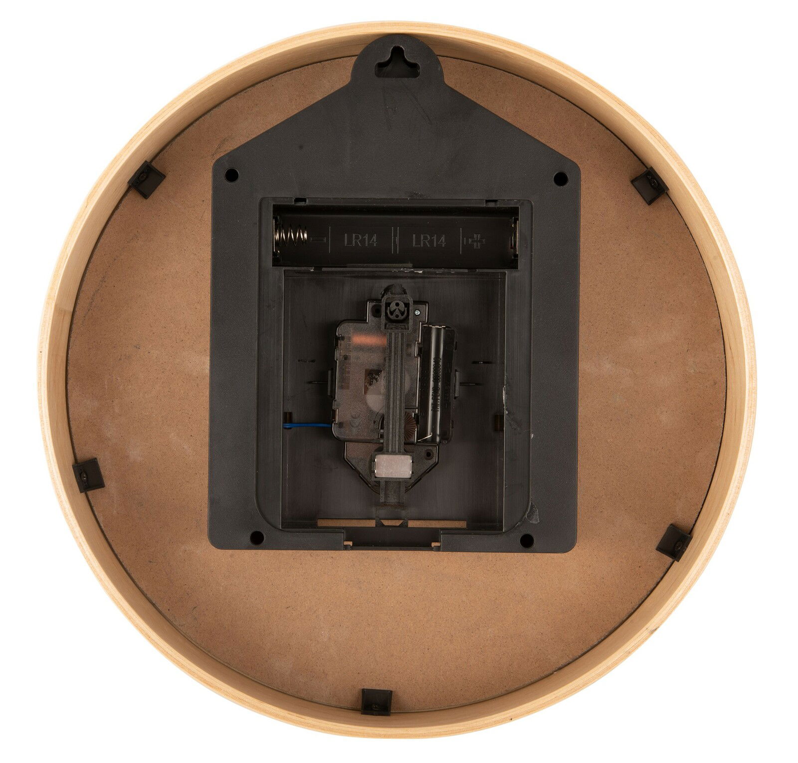Rückansicht einer runden Wanduhr mit Batteriefach und Aufhängung.
