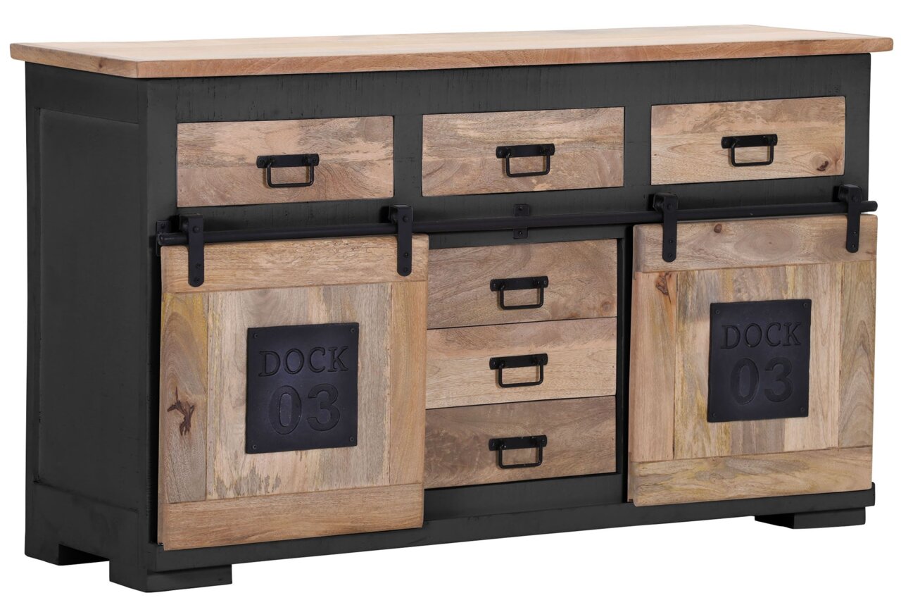 Landscape Sideboard DOCK 03 AN Rustikales Sideboard mit Schubladen und Schiebetüren aus Holz und Metall, seitliche Perspektive