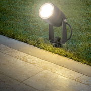 Bodenspot mit hellem Licht, installiert auf einer Rasenfläche neben einer Steinplatte, seitliche Perspektive