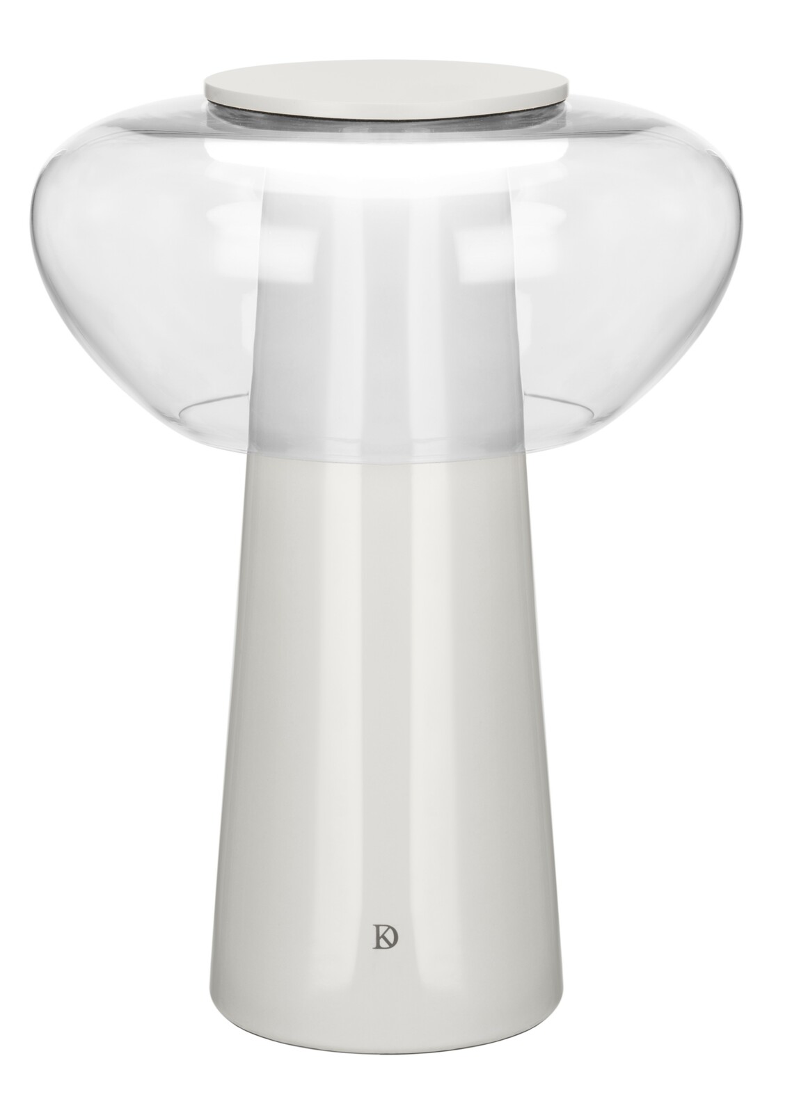 Moderne LED-Tischleuchte mit klarem Glas und weißem Sockel, Frontalansicht