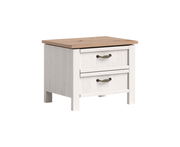 Nachttisch mit zwei Schubladen, weiße Holzoptik mit brauner Oberseite, seitliche Perspektive