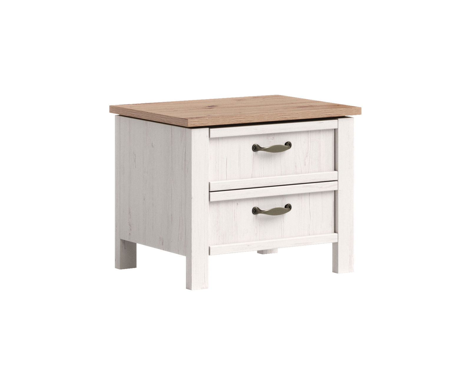 Nachttisch mit zwei Schubladen, weiße Holzoptik mit brauner Oberseite, seitliche Perspektive