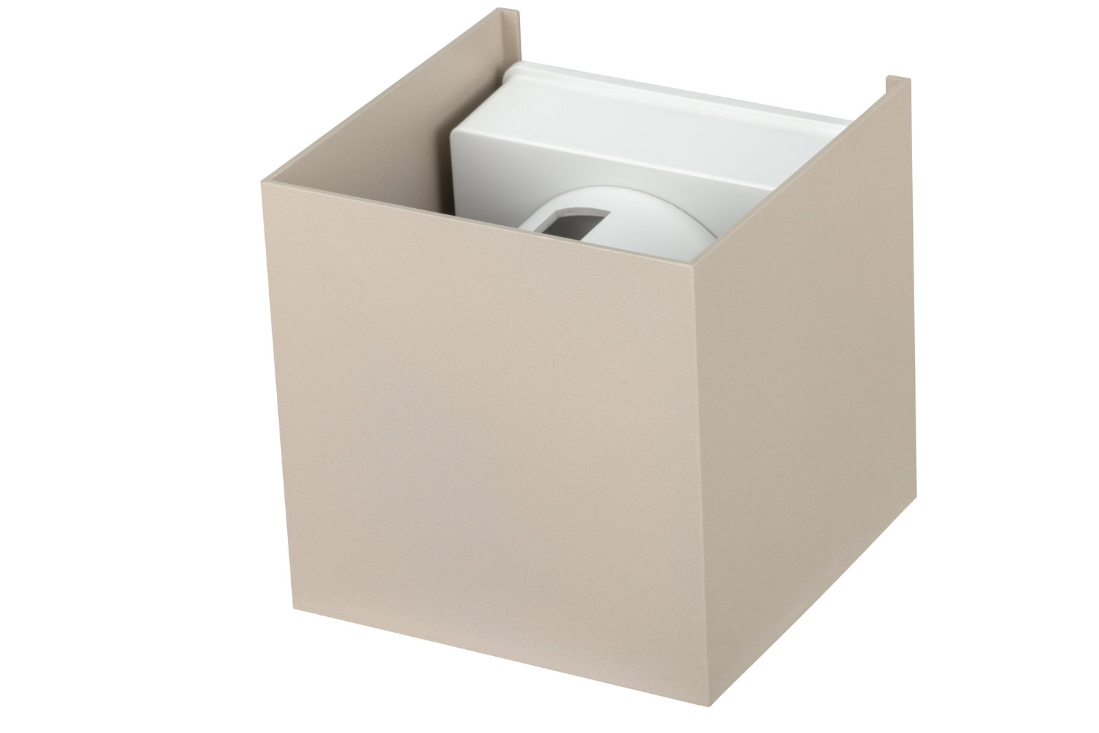 Beige LED-Wandleuchte in kubischer Form, seitliche Perspektive