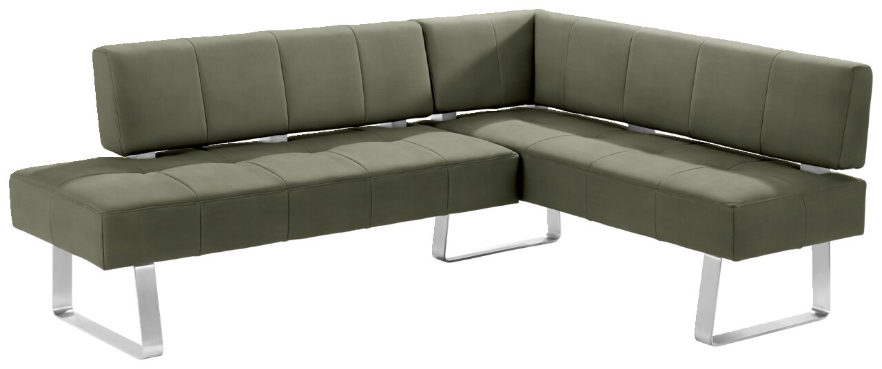Grüne Eckbank mit modernem Design und Metallbeinen, seitliche Perspektive