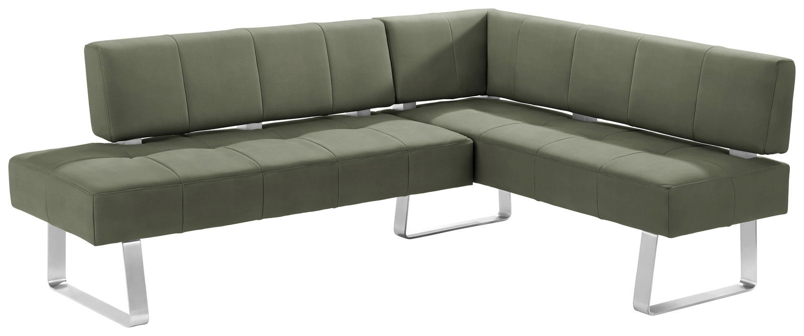 Grüne Eckbank mit modernem Design und Metallbeinen, seitliche Perspektive
